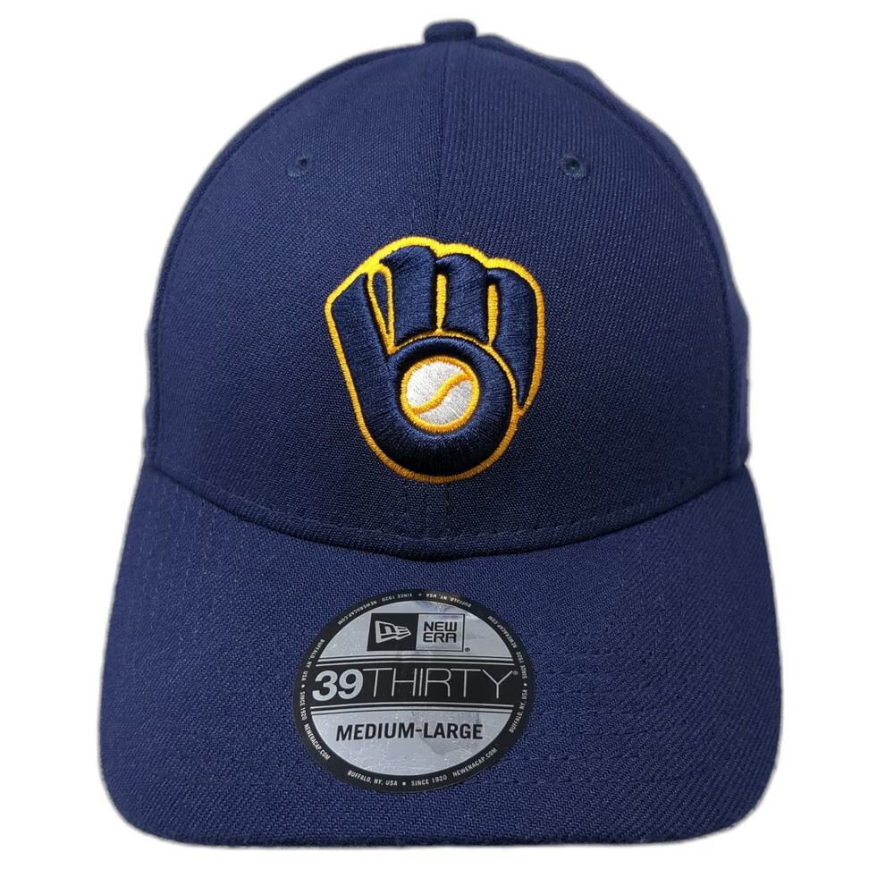 Milwaukee Brewers MLB New Era Baseball Cap Blue L 39THIRTY Stretch Fit Logo Hat